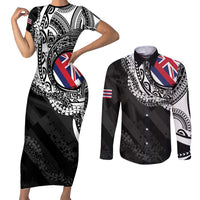 Hawaii Flag Day Couples Matching Short Sleeve Bodycon Dress and Long Sleeve Button Shirt Hawaiian Maile Lei LT05 Black - Polynesian Pride