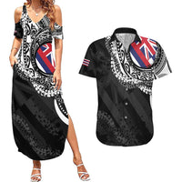 Hawaii Flag Day Couples Matching Summer Maxi Dress and Hawaiian Shirt Hawaiian Maile Lei LT05 Black - Polynesian Pride
