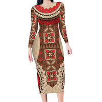 Samoa Language Week Family Matching Long Sleeve Bodycon Dress and Hawaiian Shirt Samoan Motif With Red Hibiscus LT05 Mom's Dress Beige - Polynesian Pride