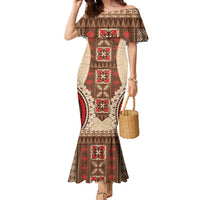 Samoa Language Week Family Matching Mermaid Dress and Hawaiian Shirt Samoan Motif With Red Hibiscus LT05 Mom's Dress Beige - Polynesian Pride
