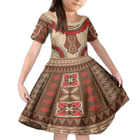 Samoa Language Week Family Matching Off The Shoulder Long Sleeve Dress and Hawaiian Shirt Samoan Motif With Red Hibiscus LT05 Daughter's Dress Beige - Polynesian Pride