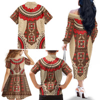 Samoa Language Week Family Matching Off The Shoulder Long Sleeve Dress and Hawaiian Shirt Samoan Motif With Red Hibiscus LT05 - Polynesian Pride