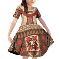 Samoa Language Week Family Matching Off Shoulder Short Dress and Hawaiian Shirt Samoan Motif With Red Hibiscus LT05 Daughter's Dress Beige - Polynesian Pride