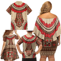 Samoa Language Week Family Matching Off Shoulder Short Dress and Hawaiian Shirt Samoan Motif With Red Hibiscus LT05 - Polynesian Pride