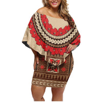 Samoa Language Week Family Matching Off Shoulder Short Dress and Hawaiian Shirt Samoan Motif With Red Hibiscus LT05 Mom's Dress Beige - Polynesian Pride