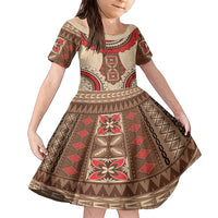 Samoa Language Week Family Matching Short Sleeve Bodycon Dress and Hawaiian Shirt Samoan Motif With Red Hibiscus LT05 Daughter's Dress Beige - Polynesian Pride