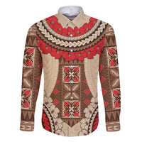 Samoa Language Week Family Matching Short Sleeve Bodycon Dress and Hawaiian Shirt Samoan Motif With Red Hibiscus LT05 Dad's Shirt - Long Sleeve Beige - Polynesian Pride