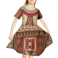 Samoa Language Week Kid Short Sleeve Dress Samoan Motif With Red Hibiscus