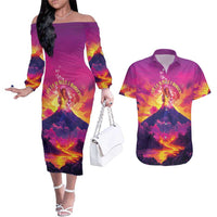 Hawaii Kilauea Volcano Couples Matching Off The Shoulder Long Sleeve Dress and Hawaiian Shirt There Is Pele Goddess Of The Volcano LT05 Purple - Polynesian Pride
