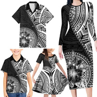 Hibiscus With Black Austronesian Tattoo Pattern Family Matching Long Sleeve Bodycon Dress and Hawaiian Shirt LT05 - Polynesian Pride