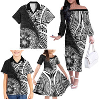 Hibiscus With Black Austronesian Tattoo Pattern Family Matching Off The Shoulder Long Sleeve Dress and Hawaiian Shirt LT05 - Polynesian Pride