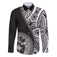 Hibiscus With Black Austronesian Tattoo Pattern Family Matching Off The Shoulder Long Sleeve Dress and Hawaiian Shirt LT05 Dad's Shirt - Long Sleeve Black - Polynesian Pride