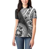 Hibiscus With Black Austronesian Tattoo Pattern Women Polo Shirt - Polynesian Pride