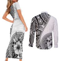 Hibiscus With White Austronesian Tattoo Pattern Couples Matching Short Sleeve Bodycon Dress and Long Sleeve Button Shirt - Polynesian Pride