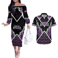 Personalised Aotearoa Moriori Couples Matching Off The Shoulder Long Sleeve Dress and Hawaiian Shirt Maori Pattern New Zealand LT05 Purple - Polynesian Pride