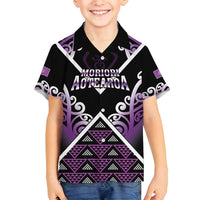 Personalised Aotearoa Moriori Family Matching Off Shoulder Short Dress and Hawaiian Shirt Maori Pattern New Zealand LT05 Son's Shirt Purple - Polynesian Pride