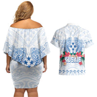 Happy Kosrae Liberation Day Couples Matching Off Shoulder Short Dress and Hawaiian Shirt Polynesian Shark Turtle Motif LT05 - Polynesian Pride