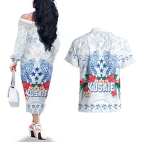 Happy Kosrae Liberation Day Couples Matching Off The Shoulder Long Sleeve Dress and Hawaiian Shirt Polynesian Shark Turtle Motif LT05 - Polynesian Pride