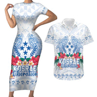 Happy Kosrae Liberation Day Couples Matching Short Sleeve Bodycon Dress and Hawaiian Shirt Polynesian Shark Turtle Motif LT05 White - Polynesian Pride