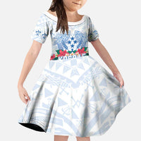 Happy Kosrae Liberation Day Family Matching Off Shoulder Maxi Dress and Hawaiian Shirt Polynesian Shark Turtle Motif LT05 Daughter's Dress White - Polynesian Pride