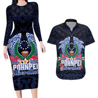 Happy Pohnpei Liberation Day Couples Matching Long Sleeve Bodycon Dress and Hawaiian Shirt Polynesian Shark Turtle Motif LT05 Blue - Polynesian Pride