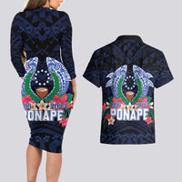 Happy Pohnpei Liberation Day Couples Matching Long Sleeve Bodycon Dress and Hawaiian Shirt Polynesian Shark Turtle Motif LT05 - Polynesian Pride