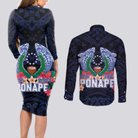 Happy Pohnpei Liberation Day Couples Matching Long Sleeve Bodycon Dress and Long Sleeve Button Shirt Polynesian Shark Turtle Motif LT05 - Polynesian Pride