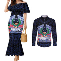 Happy Pohnpei Liberation Day Couples Matching Mermaid Dress and Long Sleeve Button Shirt Polynesian Shark Turtle Motif LT05 Blue - Polynesian Pride