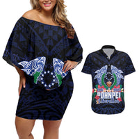 Happy Pohnpei Liberation Day Couples Matching Off Shoulder Short Dress and Hawaiian Shirt Polynesian Shark Turtle Motif LT05 Blue - Polynesian Pride