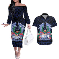 Happy Pohnpei Liberation Day Couples Matching Off The Shoulder Long Sleeve Dress and Hawaiian Shirt Polynesian Shark Turtle Motif LT05 Blue - Polynesian Pride