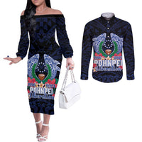 Happy Pohnpei Liberation Day Couples Matching Off The Shoulder Long Sleeve Dress and Long Sleeve Button Shirt Polynesian Shark Turtle Motif LT05 Blue - Polynesian Pride