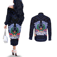 Happy Pohnpei Liberation Day Couples Matching Off The Shoulder Long Sleeve Dress and Long Sleeve Button Shirt Polynesian Shark Turtle Motif LT05 - Polynesian Pride