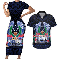 Happy Pohnpei Liberation Day Couples Matching Short Sleeve Bodycon Dress and Hawaiian Shirt Polynesian Shark Turtle Motif LT05 Blue - Polynesian Pride