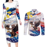 Filipino American History Month Couples Matching Long Sleeve Bodycon Dress and Long Sleeve Button Shirt Bald Eagle Tarsier Together LT05 White - Polynesian Pride