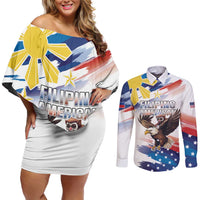 Filipino American History Month Couples Matching Off Shoulder Short Dress and Long Sleeve Button Shirt Bald Eagle Tarsier Together LT05 White - Polynesian Pride