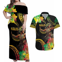 Halo Vanuatu Couples Matching Off Shoulder Maxi Dress and Hawaiian Shirt Beautiful Woman Dancing LT05 Black - Polynesian Pride