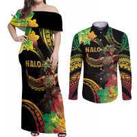 Halo Vanuatu Couples Matching Off Shoulder Maxi Dress and Long Sleeve Button Shirt Beautiful Woman Dancing LT05 Black - Polynesian Pride