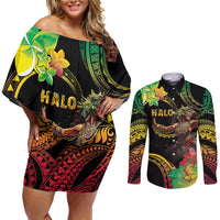 Halo Vanuatu Couples Matching Off Shoulder Short Dress and Long Sleeve Button Shirt Beautiful Woman Dancing LT05 Black - Polynesian Pride