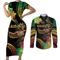 Halo Vanuatu Couples Matching Short Sleeve Bodycon Dress and Long Sleeve Button Shirt Beautiful Woman Dancing LT05 Black - Polynesian Pride