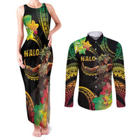 Halo Vanuatu Couples Matching Tank Maxi Dress and Long Sleeve Button Shirt Beautiful Woman Dancing LT05 Black - Polynesian Pride