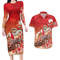Hawaii Funny Christmas Couples Matching Long Sleeve Bodycon Dress and Hawaiian Shirt Santa Surfing With Tapa Pattern LT05 Red - Polynesian Pride