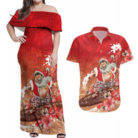 Hawaii Funny Christmas Couples Matching Off Shoulder Maxi Dress and Hawaiian Shirt Santa Surfing With Tapa Pattern LT05 Red - Polynesian Pride