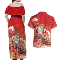 Hawaii Funny Christmas Couples Matching Off Shoulder Maxi Dress and Hawaiian Shirt Santa Surfing With Tapa Pattern LT05 - Polynesian Pride