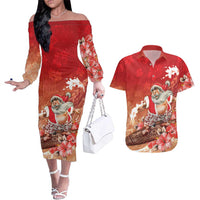 Hawaii Funny Christmas Couples Matching Off The Shoulder Long Sleeve Dress and Hawaiian Shirt Santa Surfing With Tapa Pattern LT05 Red - Polynesian Pride