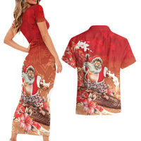 Hawaii Funny Christmas Couples Matching Short Sleeve Bodycon Dress and Hawaiian Shirt Santa Surfing With Tapa Pattern LT05 - Polynesian Pride