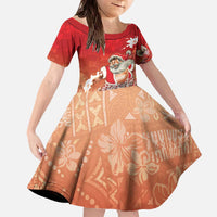 Hawaii Funny Christmas Family Matching Off The Shoulder Long Sleeve Dress and Hawaiian Shirt Santa Surfing With Tapa Pattern LT05 Daughter's Dress Red - Polynesian Pride