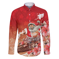 Hawaii Funny Christmas Family Matching Off Shoulder Maxi Dress and Hawaiian Shirt Santa Surfing With Tapa Pattern LT05 Dad's Shirt - Long Sleeve Red - Polynesian Pride