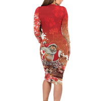 Hawaii Funny Christmas Long Sleeve Bodycon Dress Santa Surfing With Tapa Pattern - Polynesian Pride