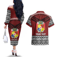 Personalised Tonga Constitution Day Couples Matching Off The Shoulder Long Sleeve Dress and Hawaiian Shirt Tongan Kupesi Ngatu Pattern LT05 - Polynesian Pride