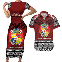 Personalised Tonga Constitution Day Couples Matching Short Sleeve Bodycon Dress and Hawaiian Shirt Tongan Kupesi Ngatu Pattern LT05 Red - Polynesian Pride